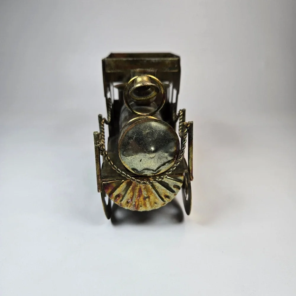Vintage Metal Tin Train Railroad Engine Candle Holder Patina Copper Brass Tone‎